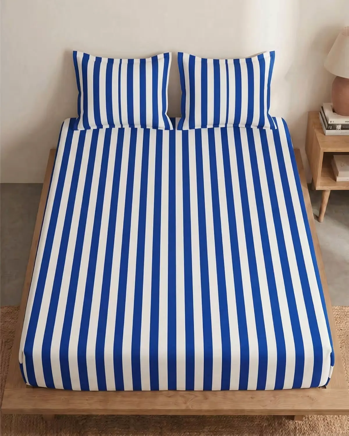 Bold Blue Striped Cotton Bedsheet Set view 1