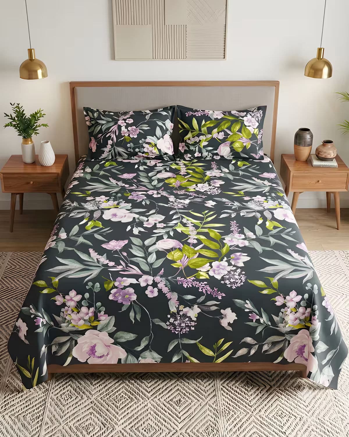Charcoal Black Floral Cotton Bed Cover Set view 1