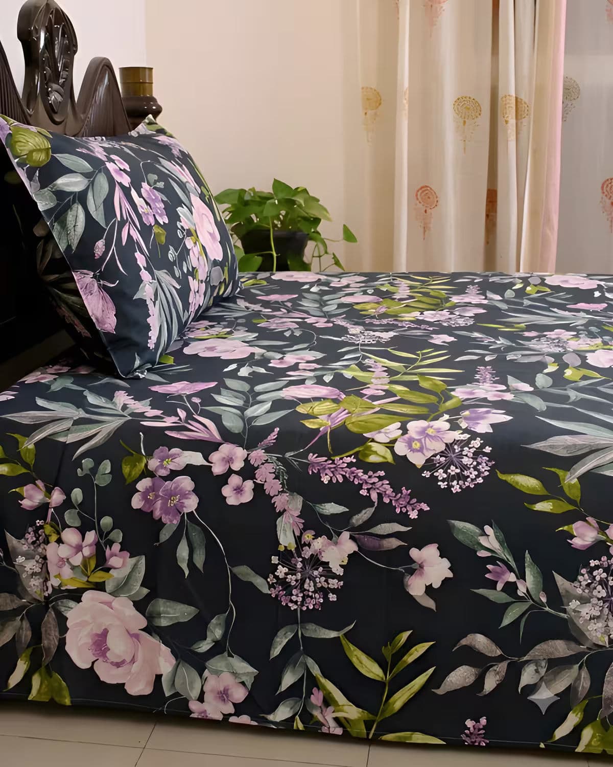 Charcoal Black Floral Cotton Bed Cover Set view 2