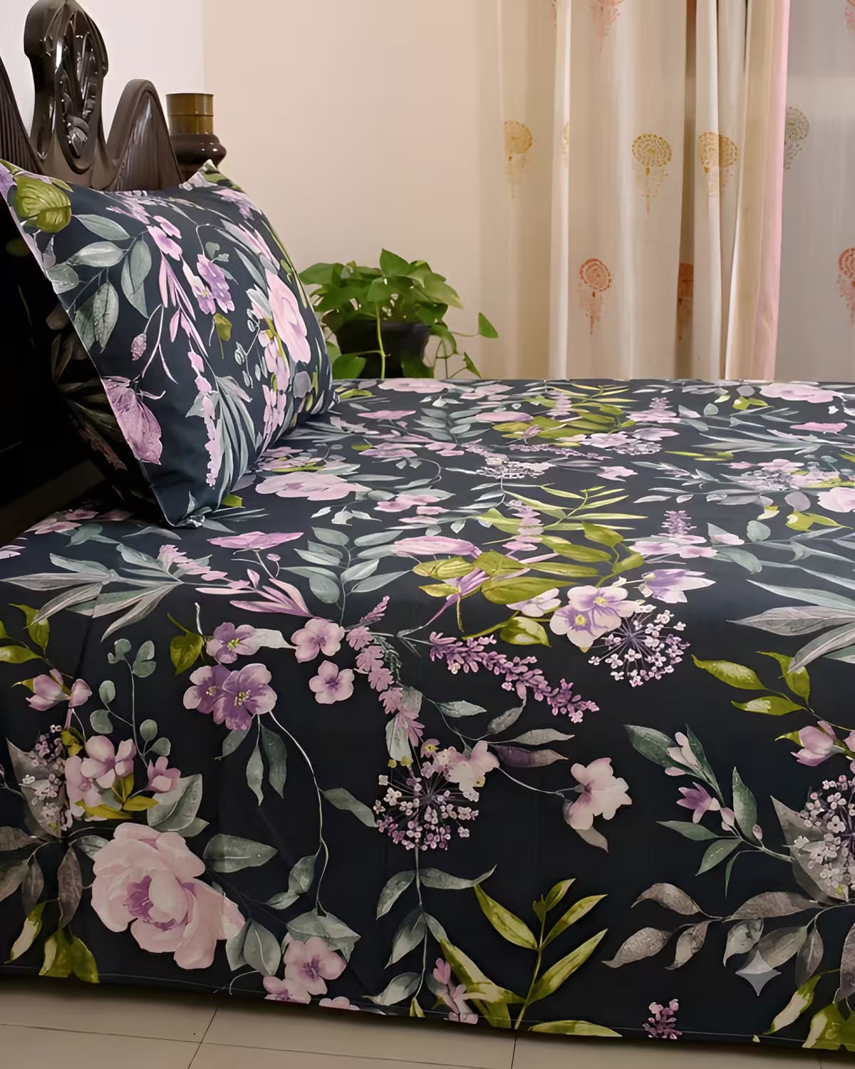 Charcoal Black Floral Cotton Bed Cover Set view 2