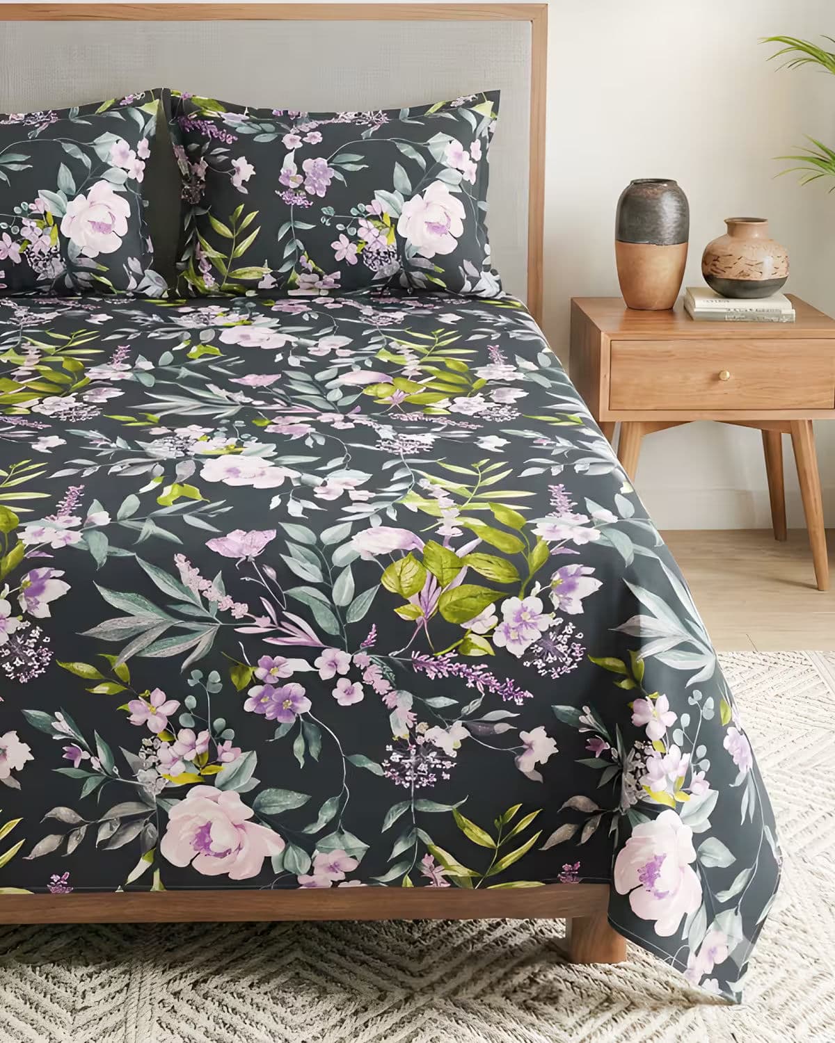 Charcoal Black Floral Cotton Bed Cover Set view 4