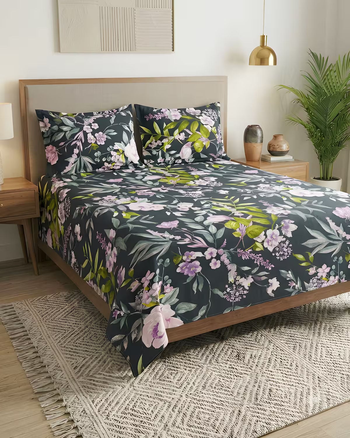 Charcoal Black Floral Cotton Bed Cover Set view 3