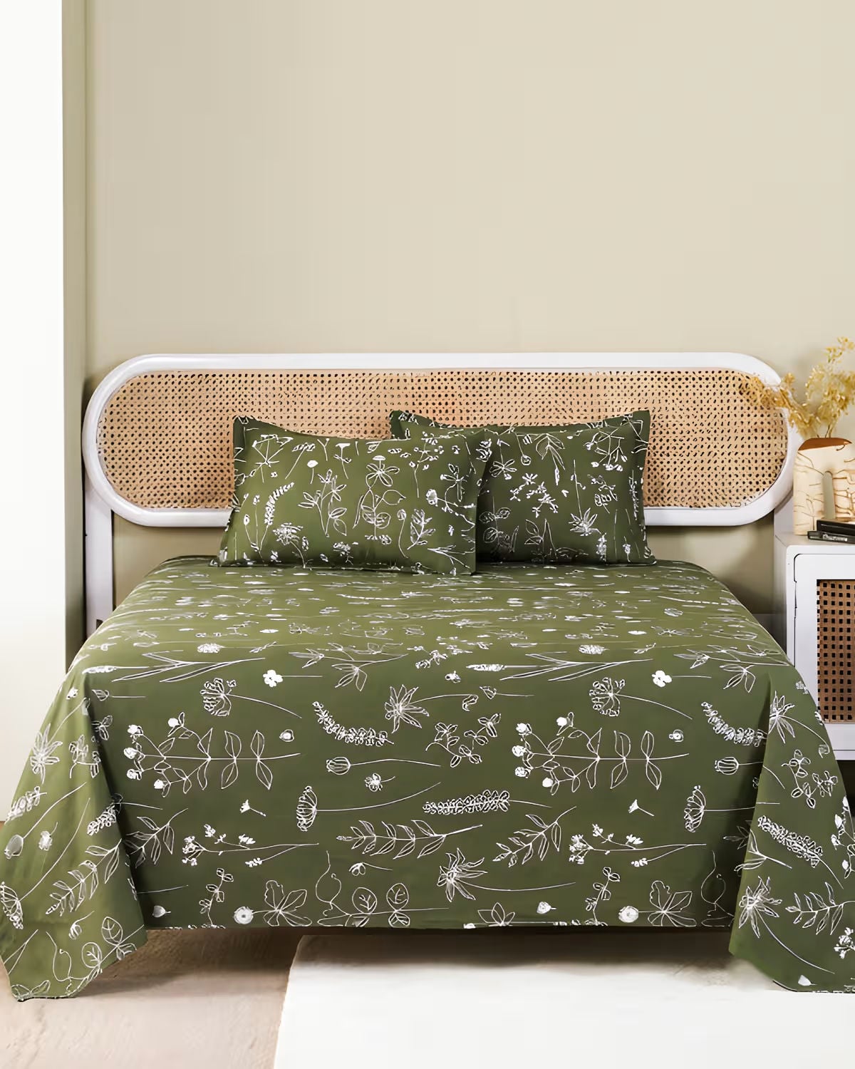 Olive Green Floral Cotton Bed Cover Set view 1