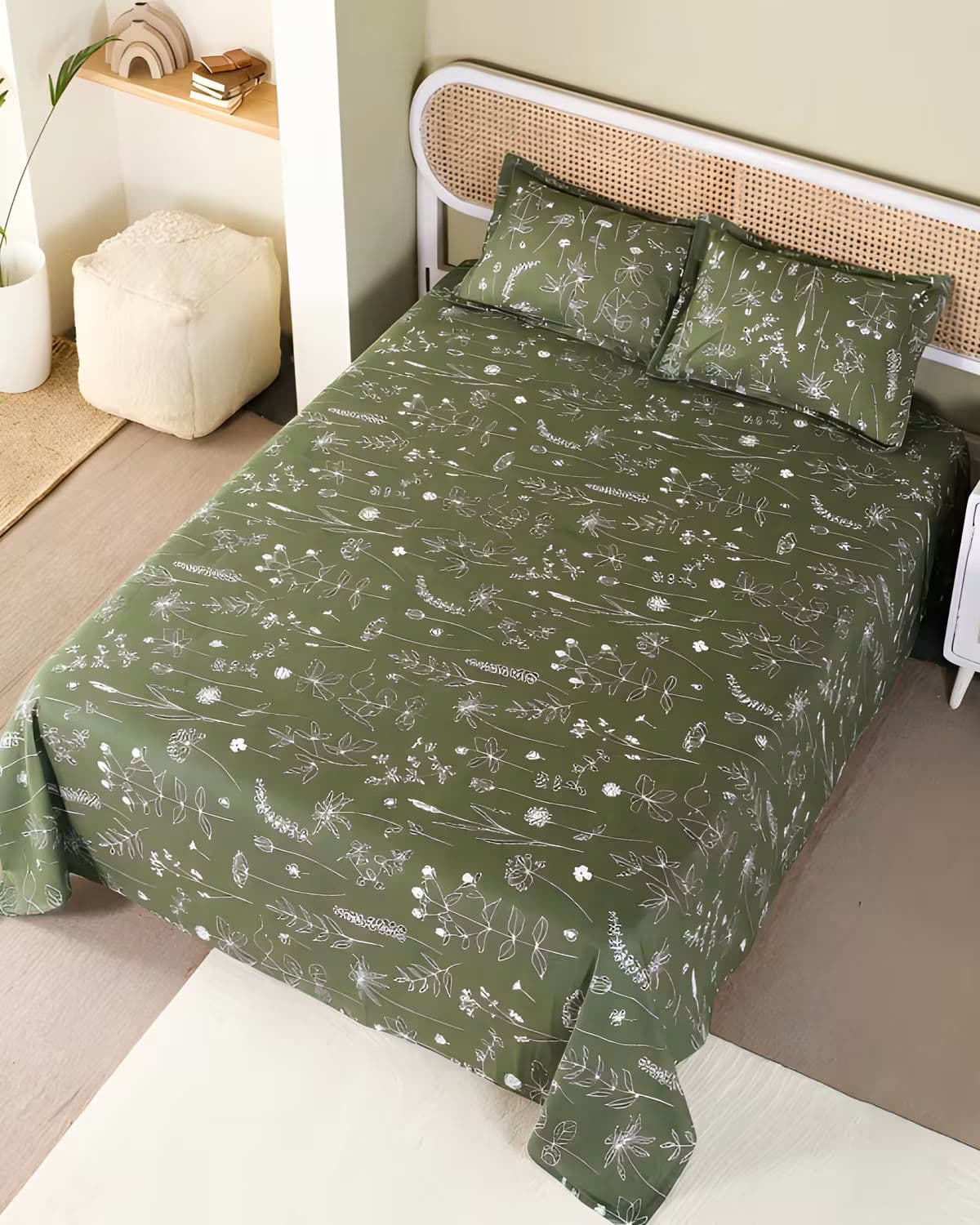 Olive Green Floral Cotton Bed Cover Set view 4