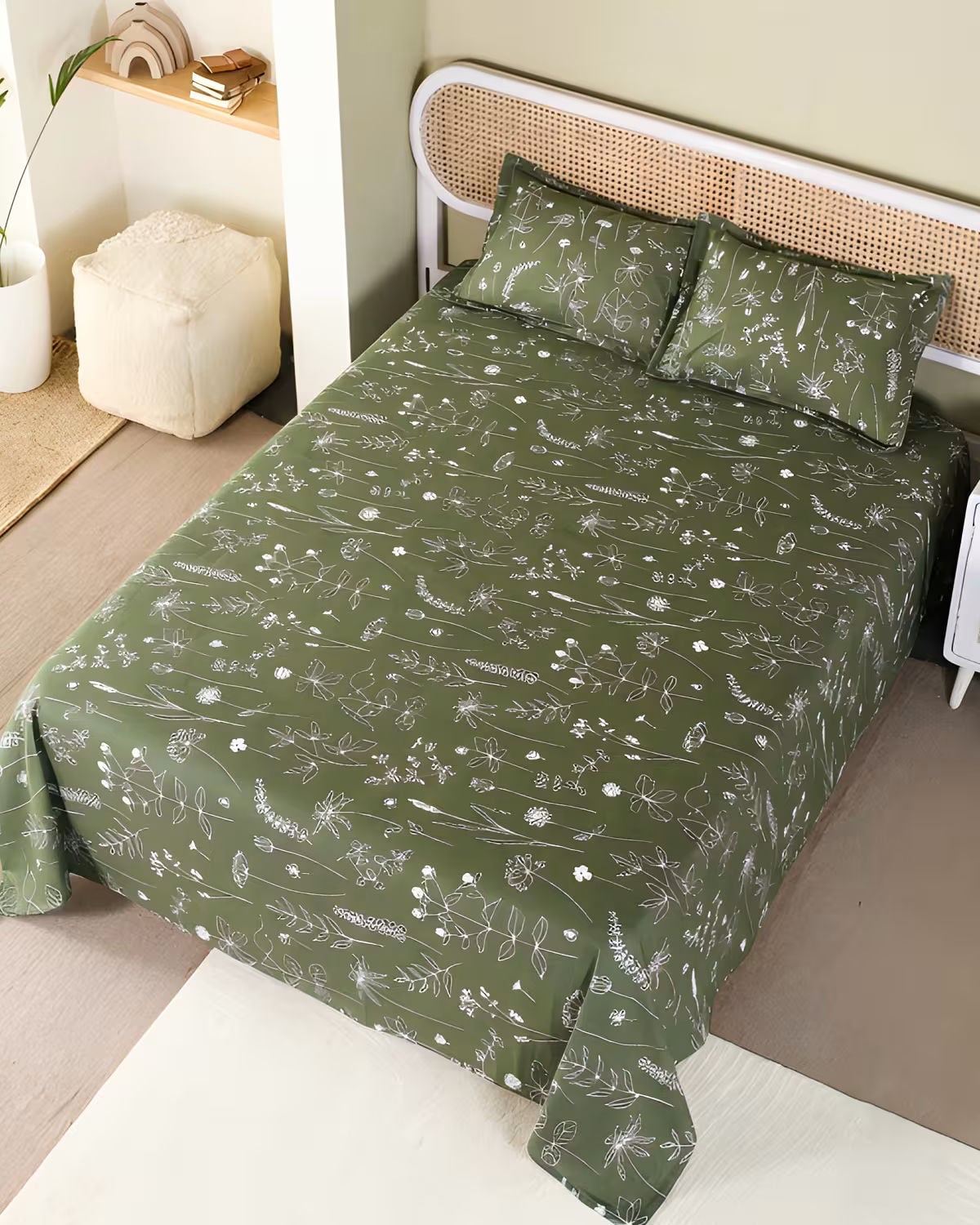 Olive Green Floral Cotton Bed Cover Set view 4