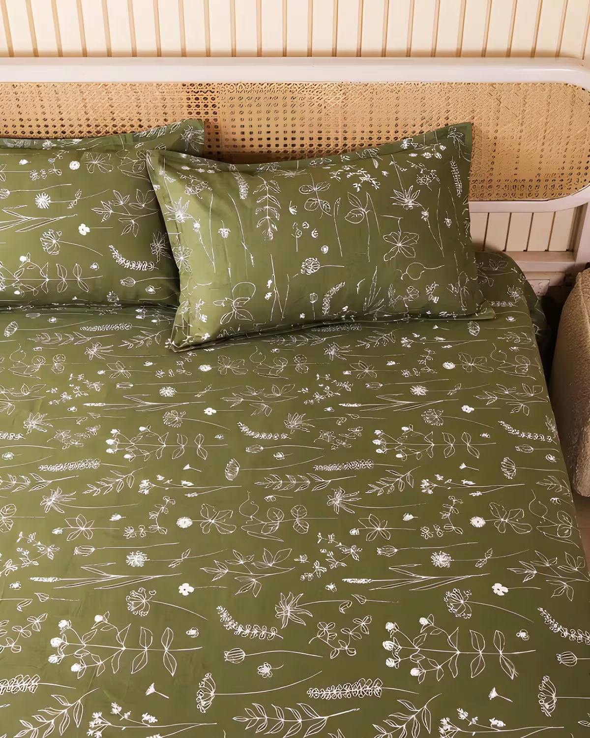 Olive Green Floral Cotton Bed Cover Set view 3