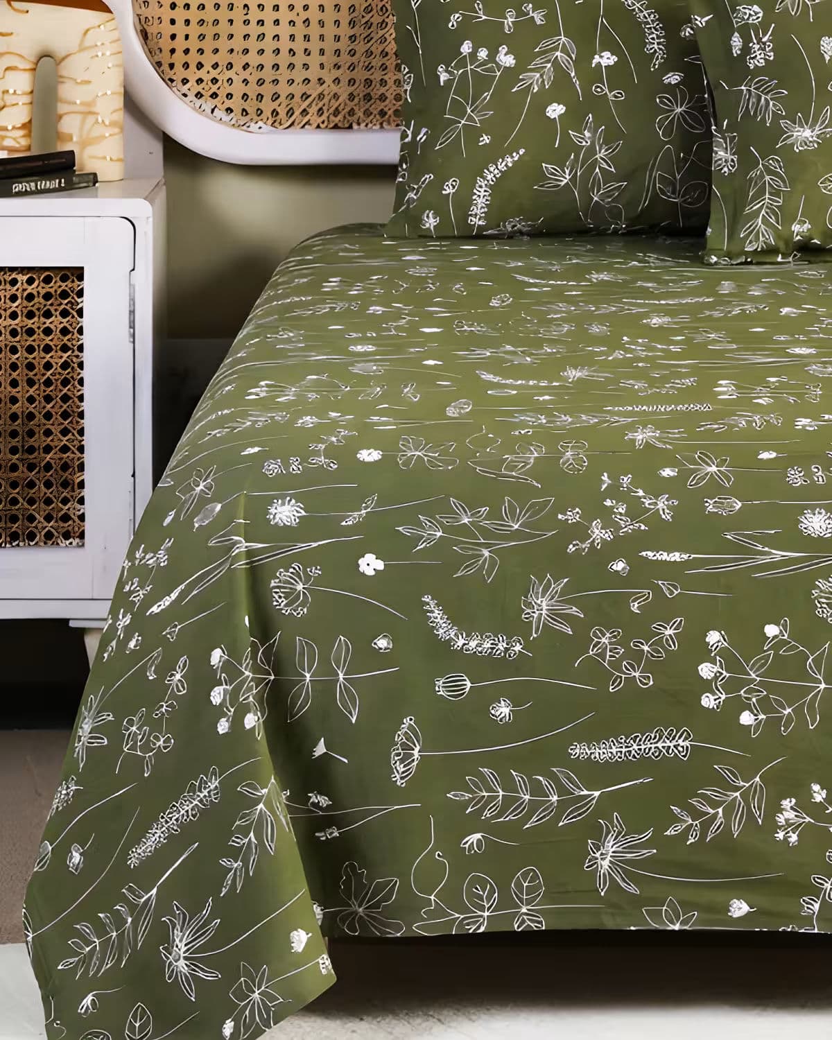 Olive Green Floral Cotton Bed Cover Set view 2