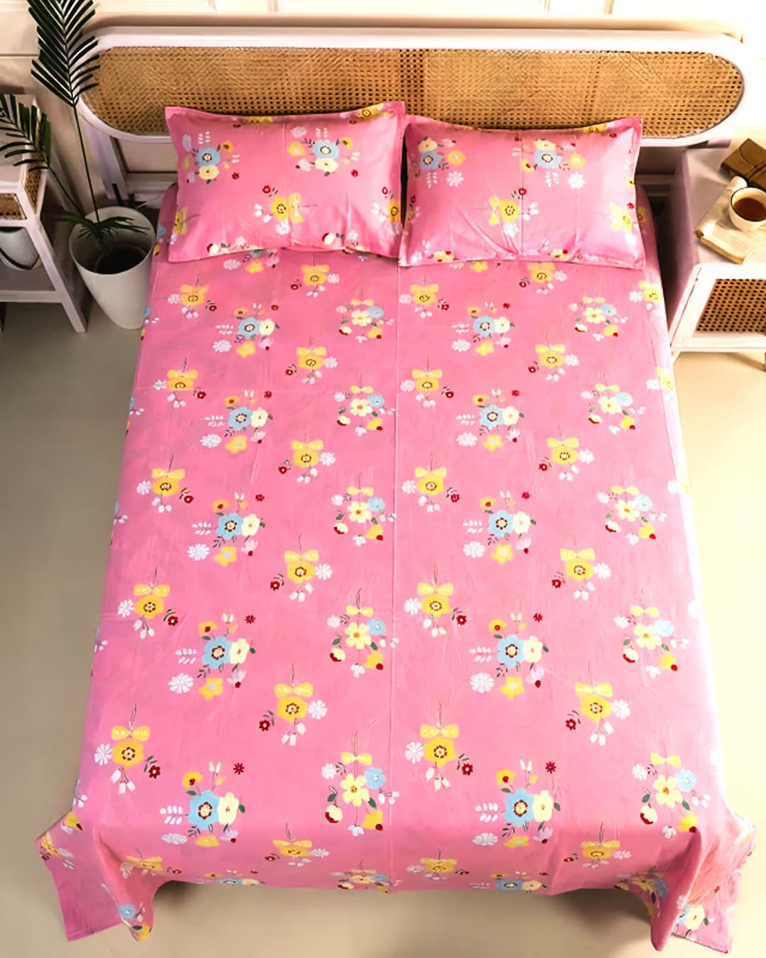Pink Floral Garden Double Bed Sheet Set with 2 Pillow Covers view 4