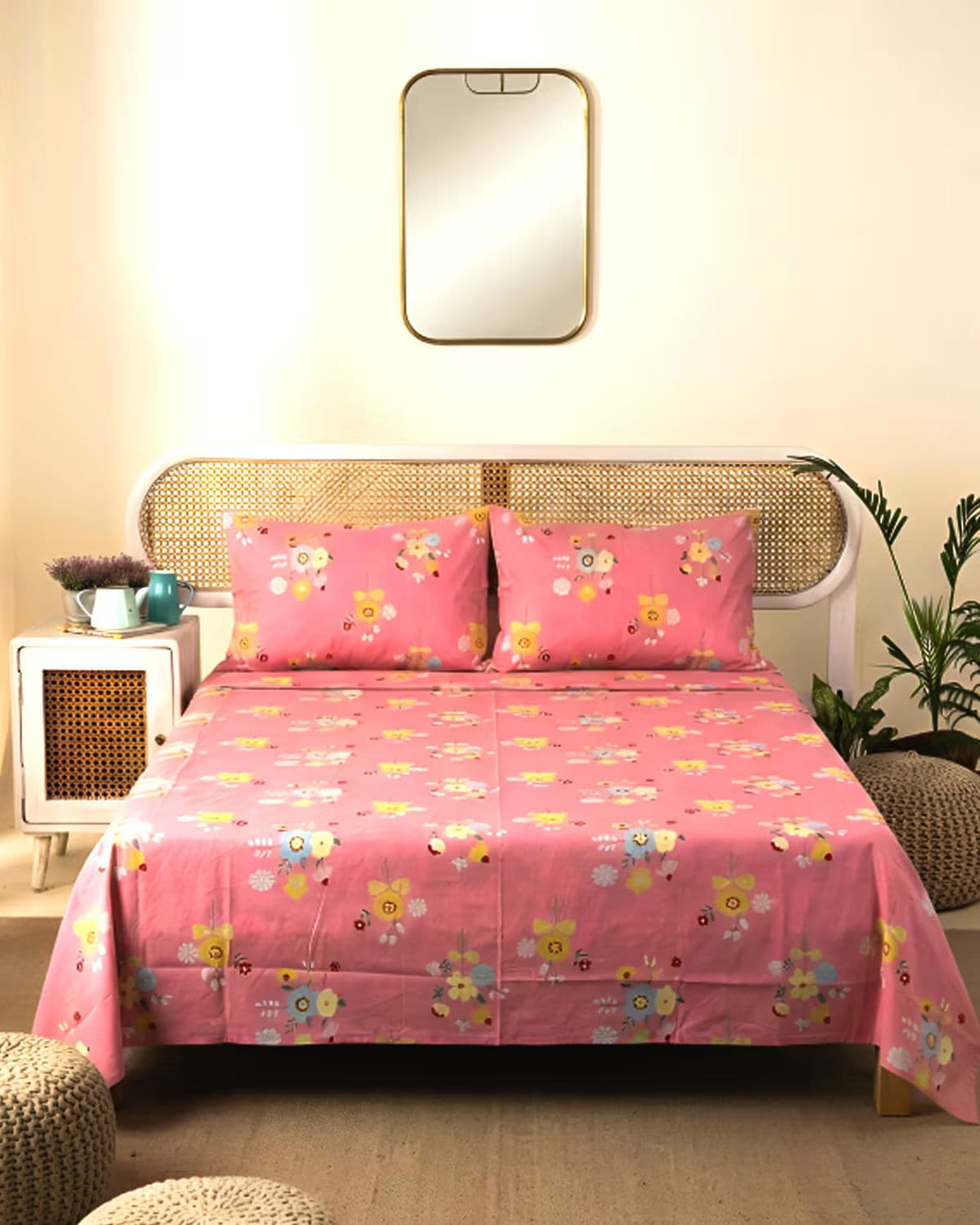 Pink Floral Garden Double Bed Sheet Set with 2 Pillow Covers