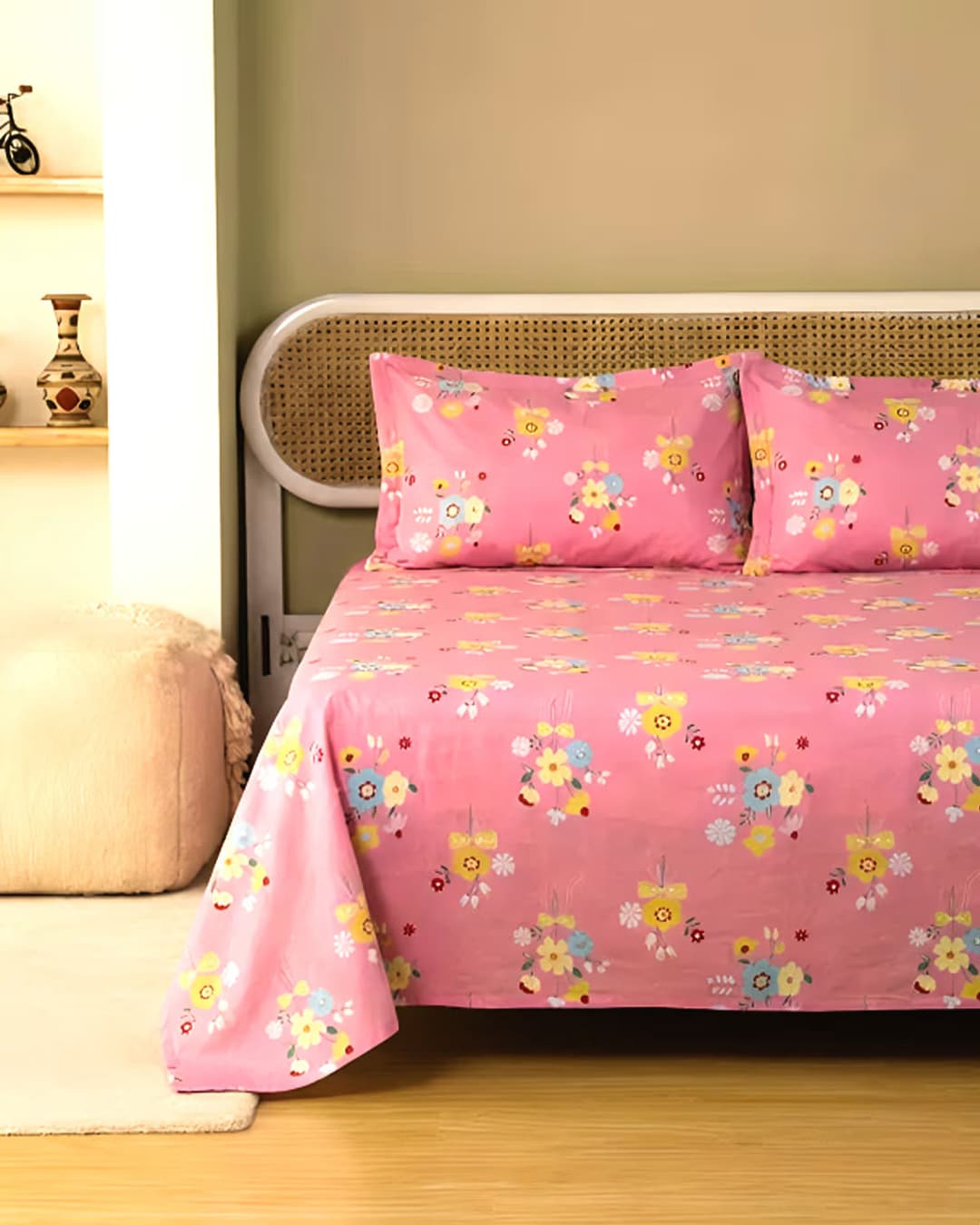 Pink Floral Garden Double Bed Sheet Set with 2 Pillow Covers view 2